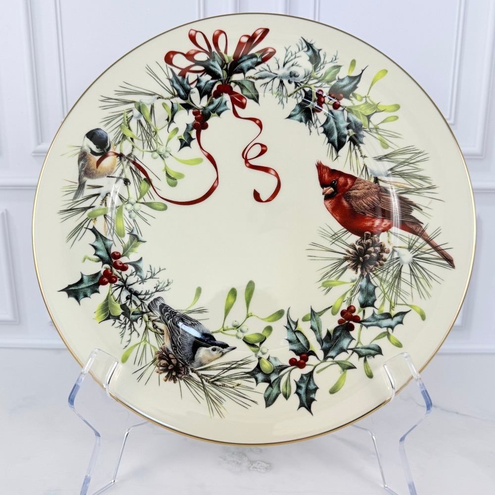 Lenox Winter Greetings Birds Ribbons Bone China 10 7/8" Dinner Plate Mint!